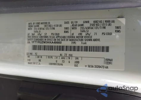 2019 Ford Transit-250 z USA, uszkodzony, nr VIN 1FTYR2ZM3KKA48660